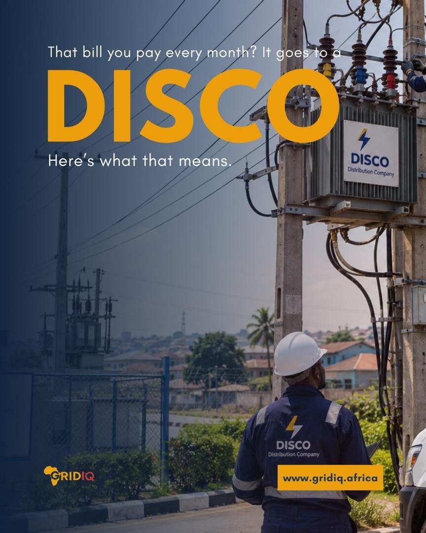 GridIQ graphic: a distribution company engineer in a white hard hat looks up at a pole-mounted transformer. The text reads: That bill you pay every month? It goes to a DISCO. Here&rsquo;s what that means. www.gridiq.africa
