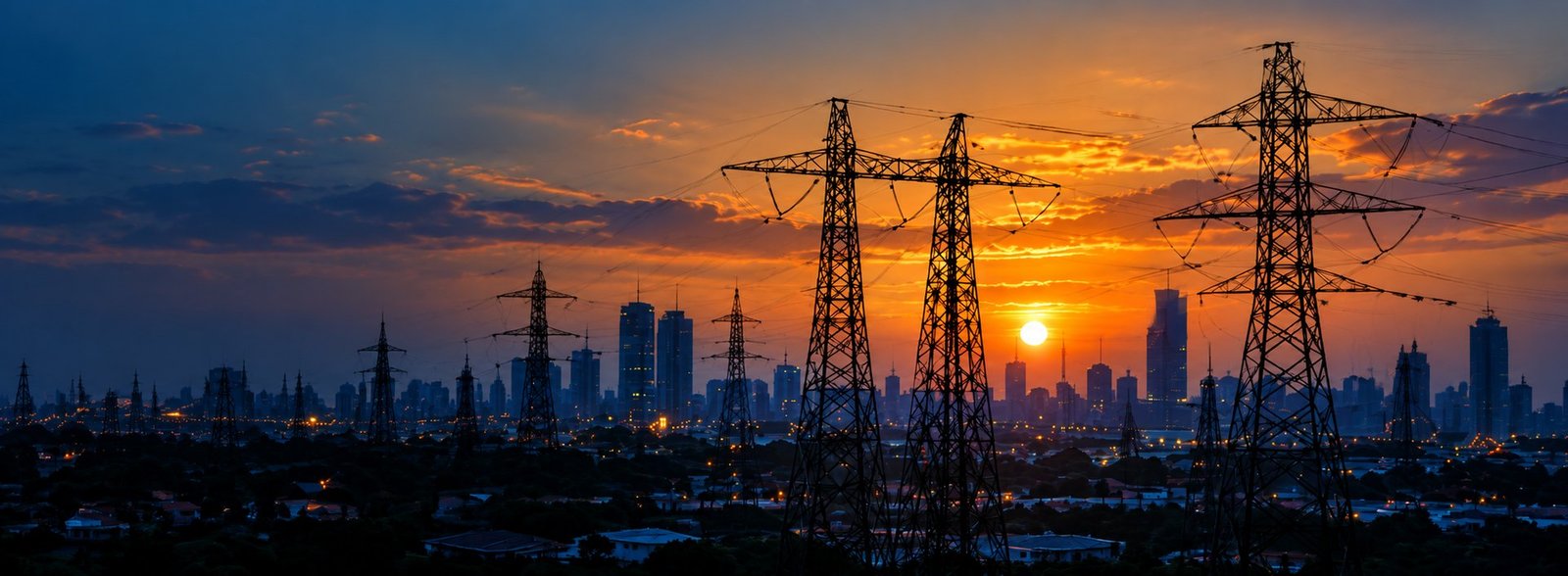 Transmission towers against a city skyline at sunset