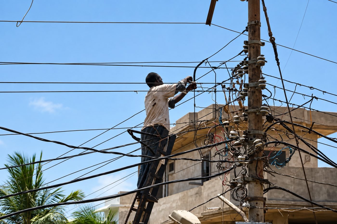A worker on a ladder handling wires on a crowded utility pole